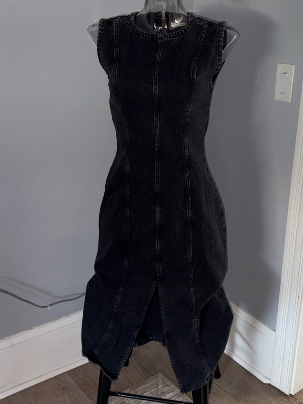 Abercrombie Black Denim Midi Dress Front Slit Sleeveless Size Small